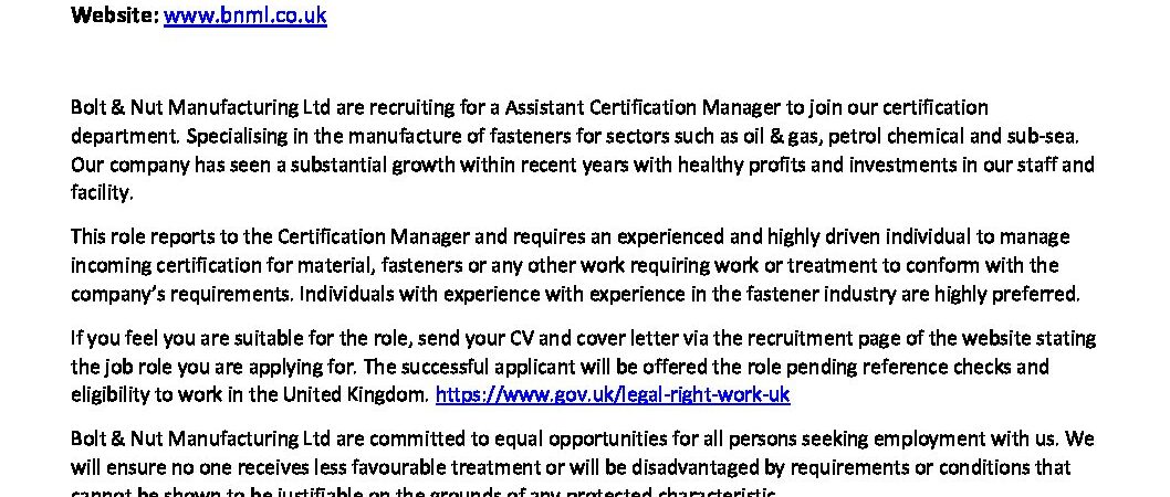 Assistant Certification Manager 2022