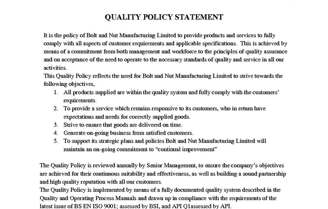 Quality Policy Statement ISO90012015 Iss18